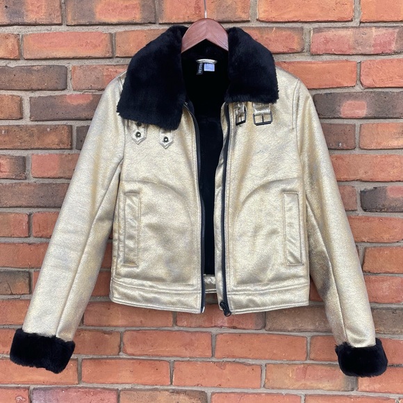 divided H&M Jackets & Blazers - Divided H&M Jacket Gold Crackled Faux Fur Trim Matrix Motorcycle Coat Sz 2